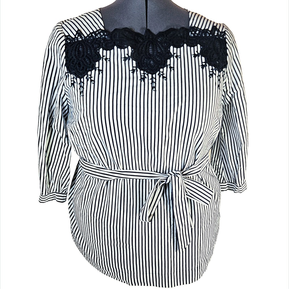 The Limited Pin Striped Blouse Women's 1X Tie Waist Lace Nautical Preppy Office